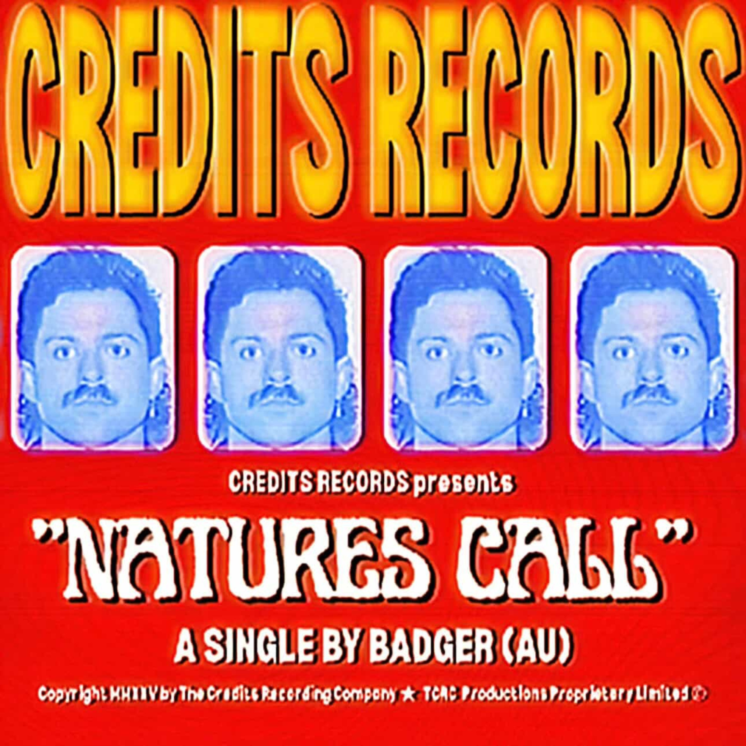 Close-up of the game 'Credit Records' featuring large, stylized yellow-orange letters spelling out the title, with a row of blue and white cartoon-style headshots beneath it on a red background.