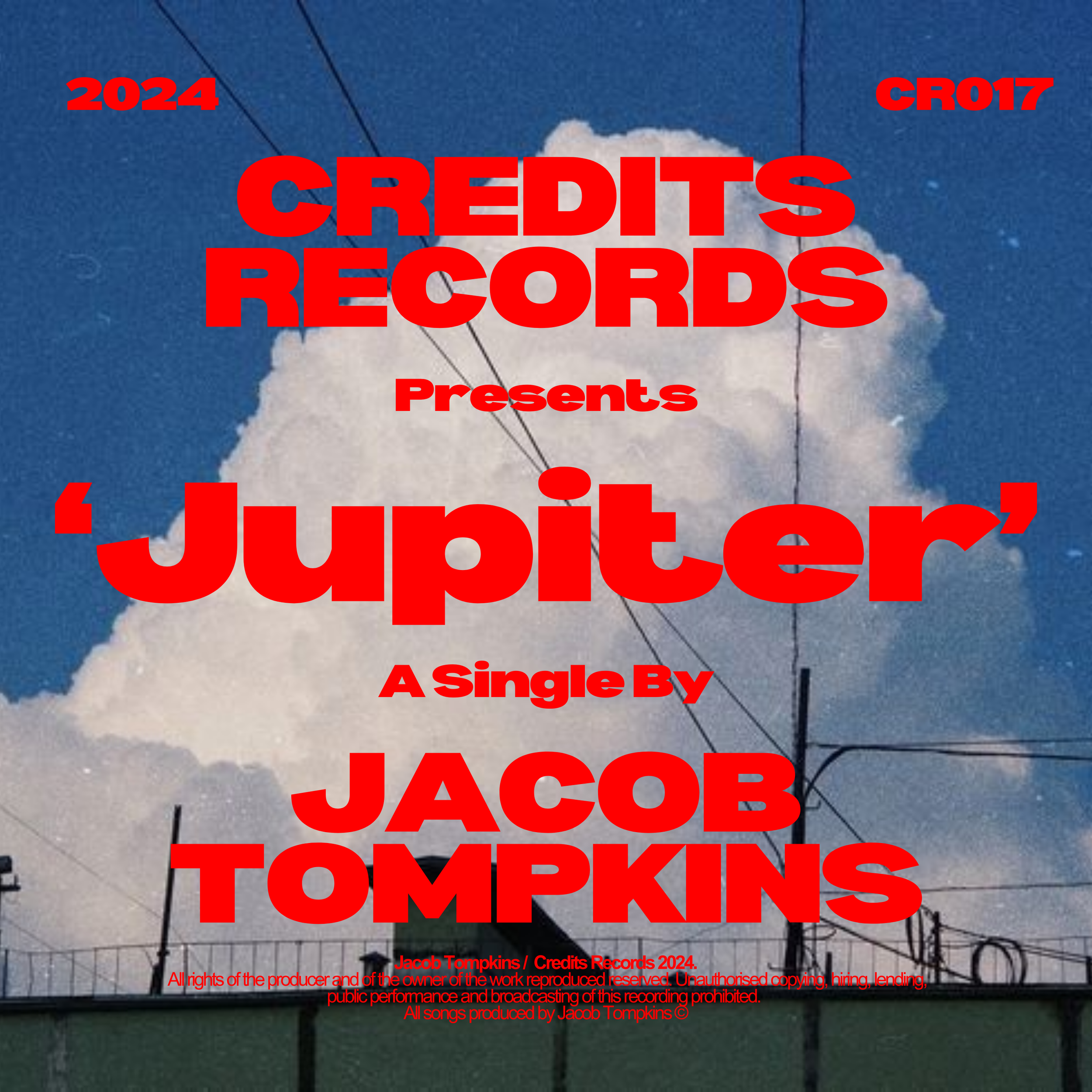 Concert stage with large cloud backdrop and overhead wiring, with red overlay text promoting 'Credits Records presents Jacob Tompkins 2024' in British English.