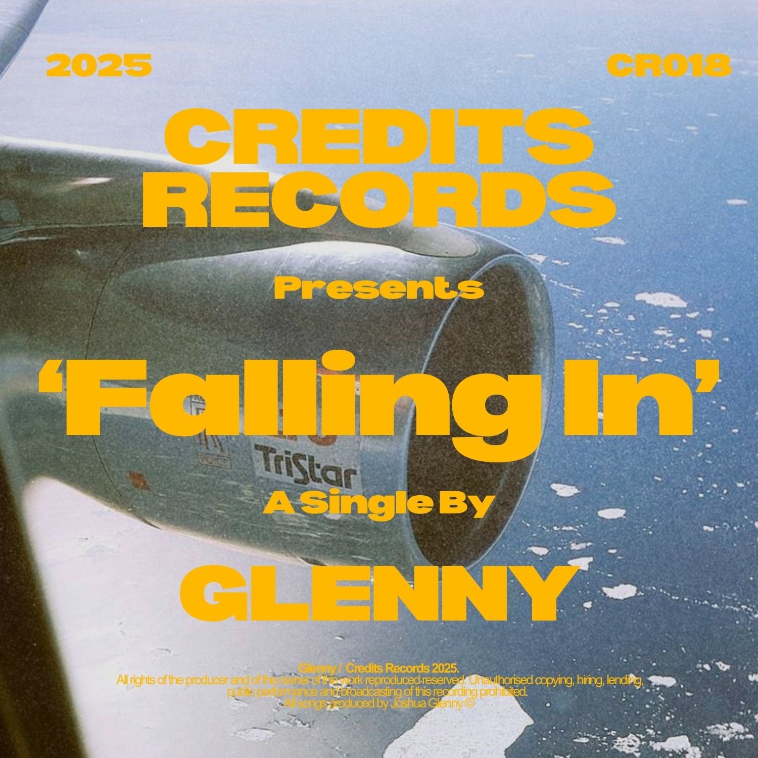 Album cover with a close-up of a car's exhaust pipe against a blue sky background, with orange text overlay promoting an album titled 'Falling In' by Glenny, released in 2025, on Credits Records.