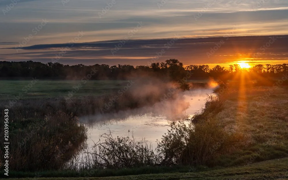 Sonnenaufgang über einem Fluss in einer ländlichen Landschaft mit Bäumen und Nebel über dem Wasser.