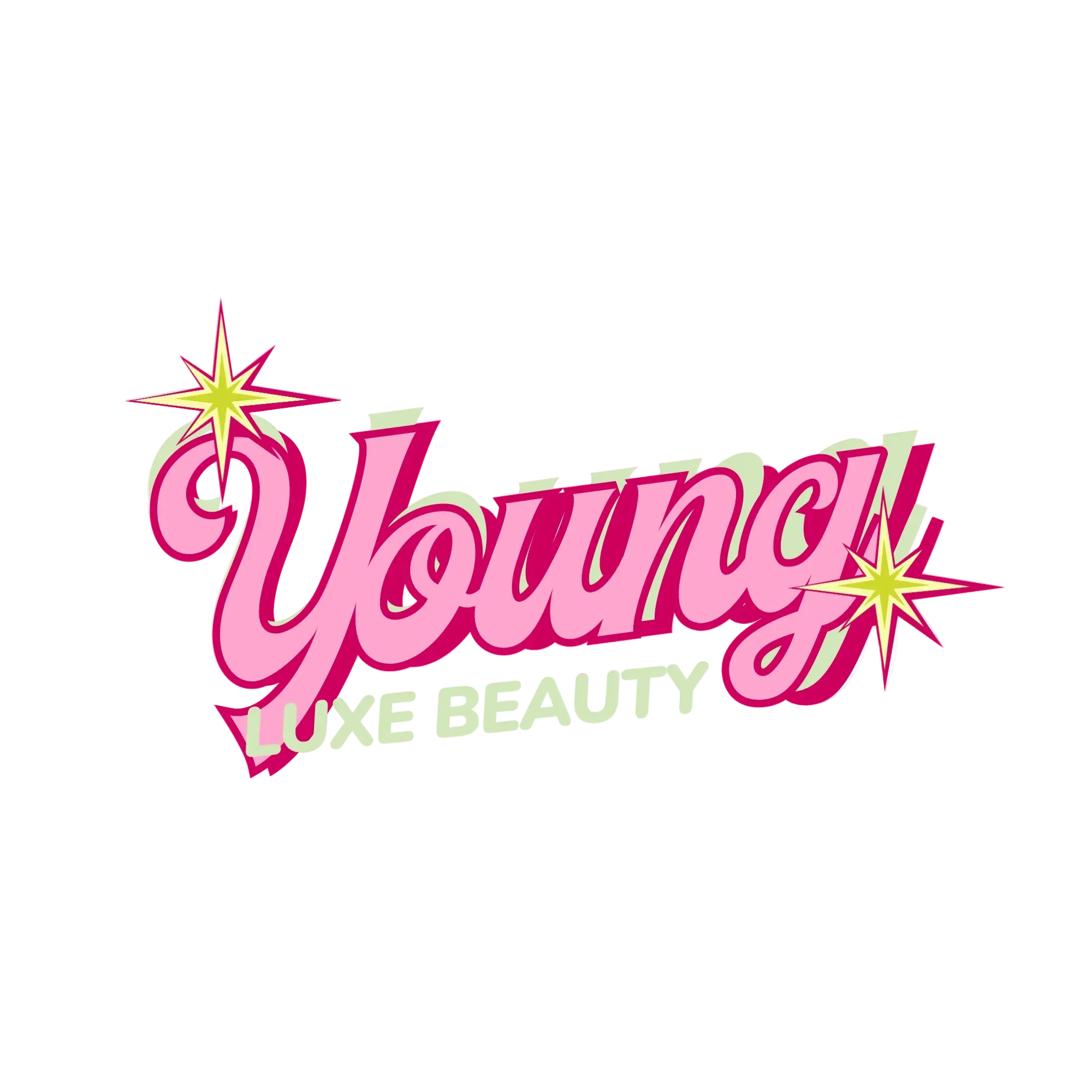 Decorative pink and green text saying "Luxe Beauty" with pink stars and sparkles.
