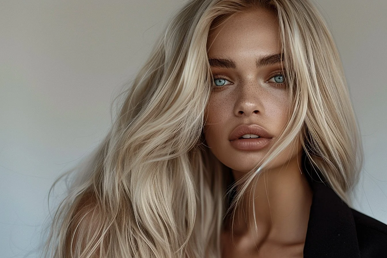Close-up portrait of a young woman with long, wavy blonde hair and blue eyes.