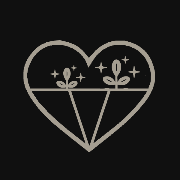 A heart-shaped outline containing two sprouting plants with leaves and stars, outlined on a black background.