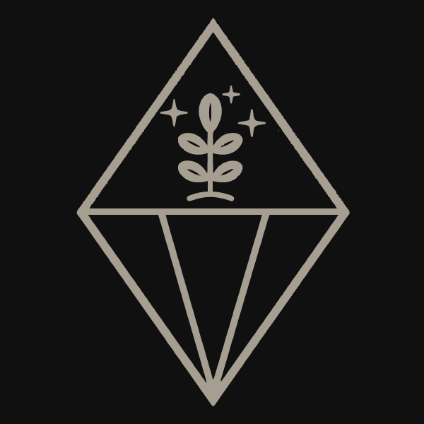 A minimalist line drawing of a diamond shape with a plant at the top, surrounded by stars, on a black background.