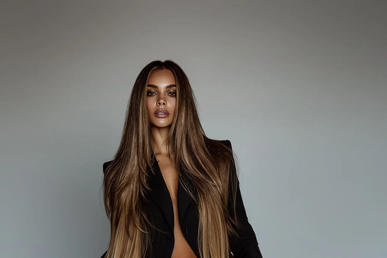 Woman with long, straight brown hair wearing a black blazer against a plain gray background.