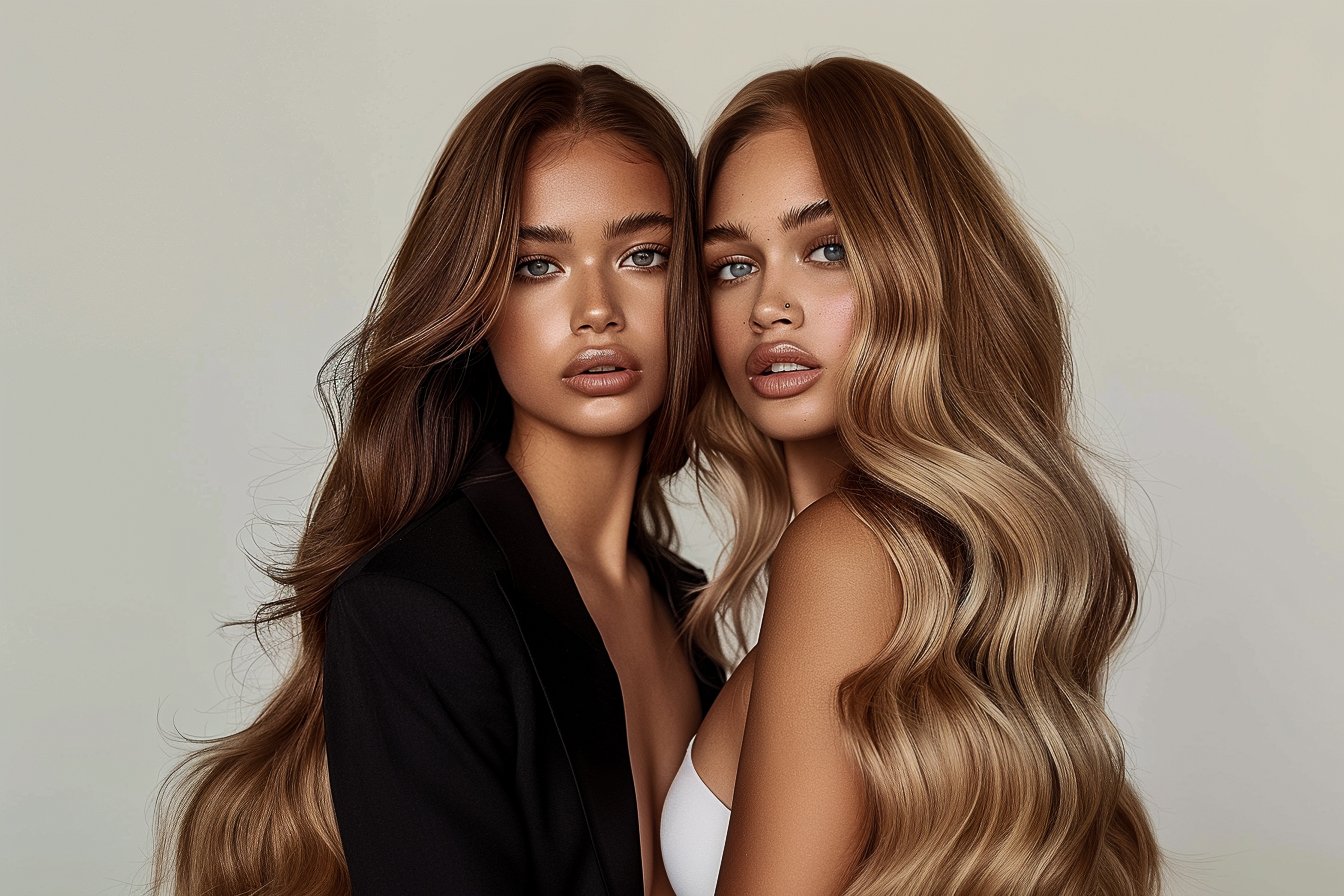 Two young women with long hair and light makeup posing closely together against a plain background.