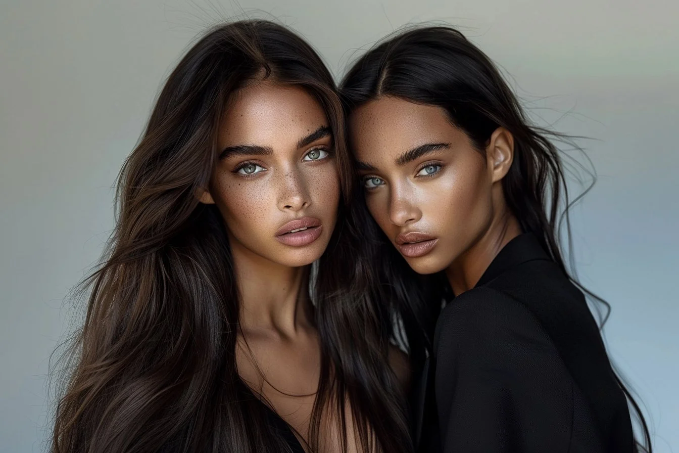 Two women with long dark hair and light blue eyes posing closely together, looking at the camera against a plain background.