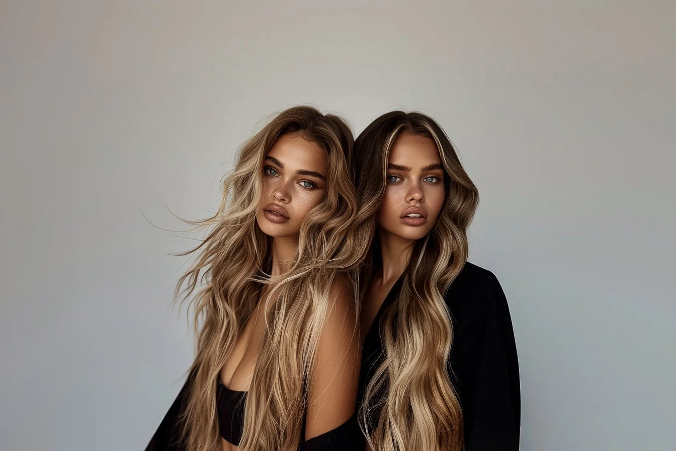 Two women with long, wavy blond hair and blue eyes posing together against a plain, light-colored background, one wearing a black top and the other wearing a black jacket.