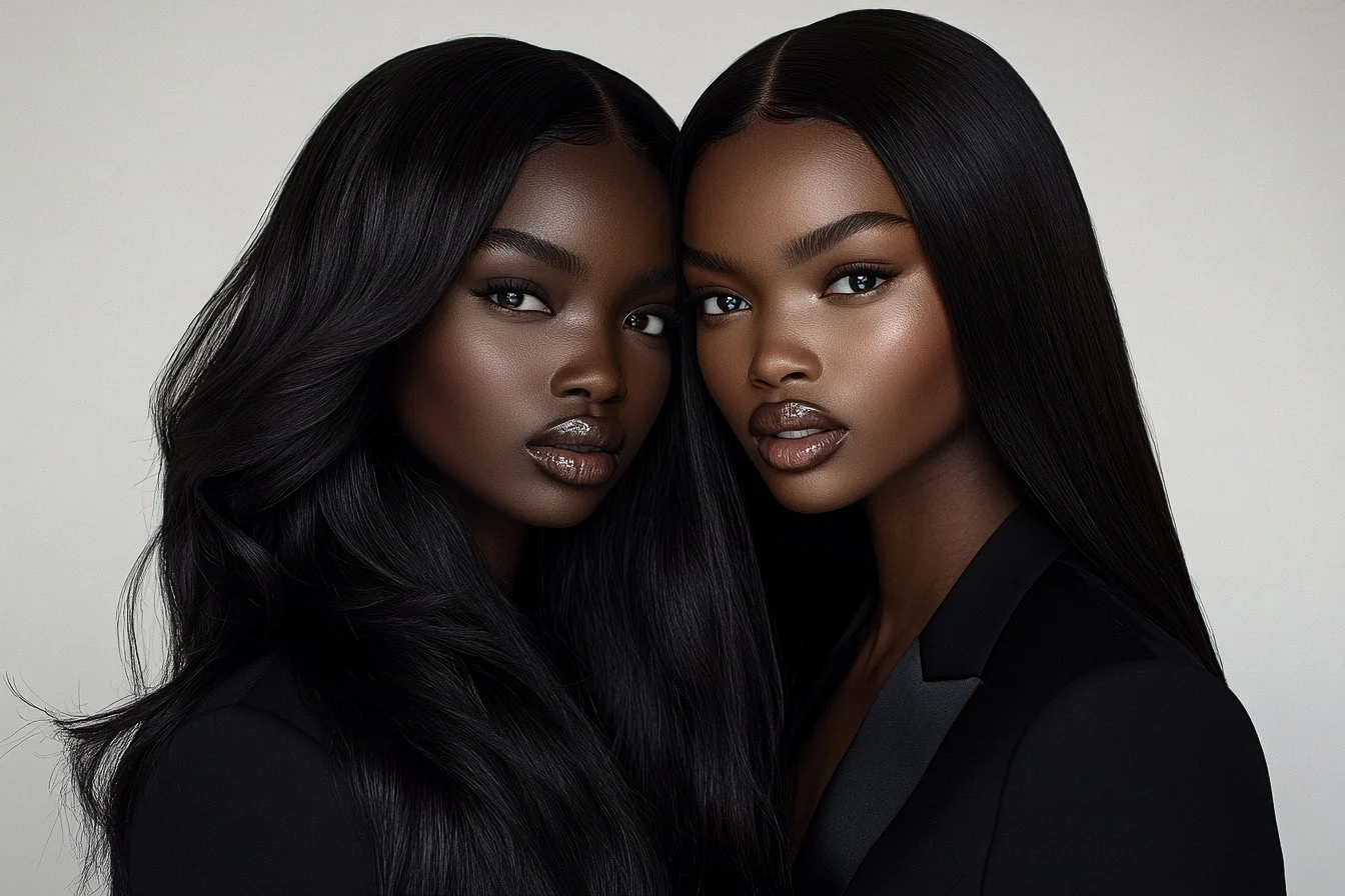 Two women with long straight black hair, dark skin, and wearing black outfits, posing closely together against a white background.
