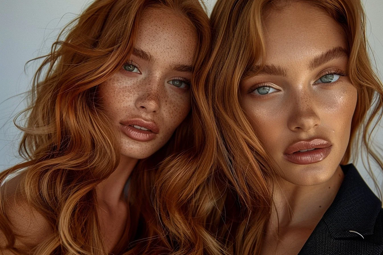 Close-up of two red-haired women with fair skin and freckles, looking at the camera. One woman has a slightly open mouth, the other has lips closed. Both women have natural makeup and wavy hair, with a neutral background.