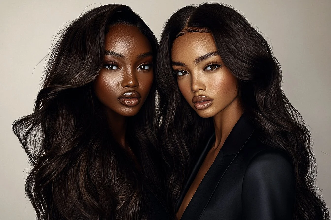 Two women with long dark hair, wearing black outfits, posing closely with serious expressions against a neutral background.