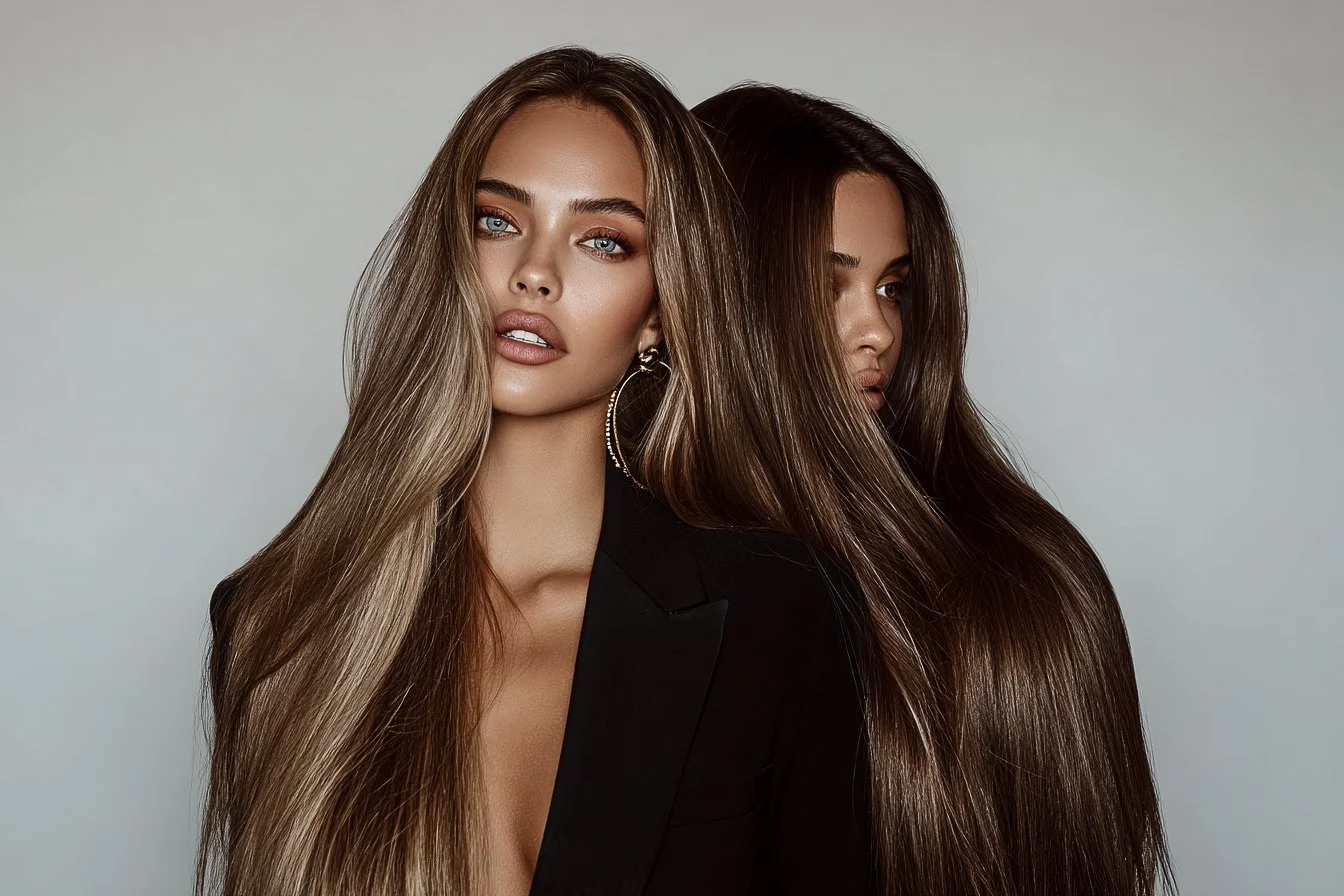 Two women with long hair, wearing dark clothing, posing against a plain background.