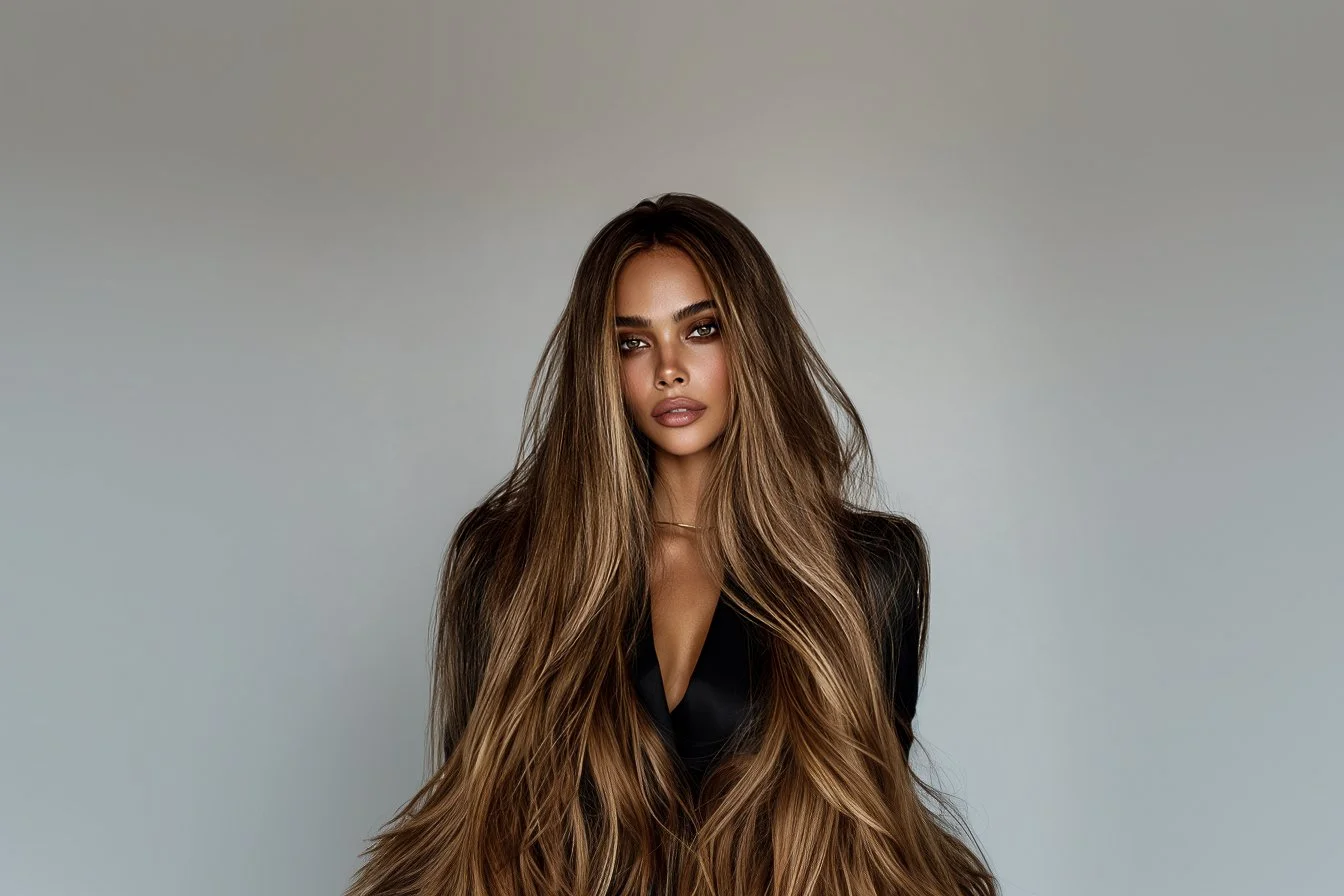 A woman with long, wavy brown hair, wearing a black outfit, looking at the camera against a plain background.