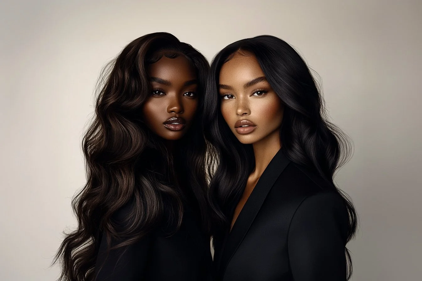 Two women with long, wavy black hair and polished makeup, dressed in black, posing against a neutral background.