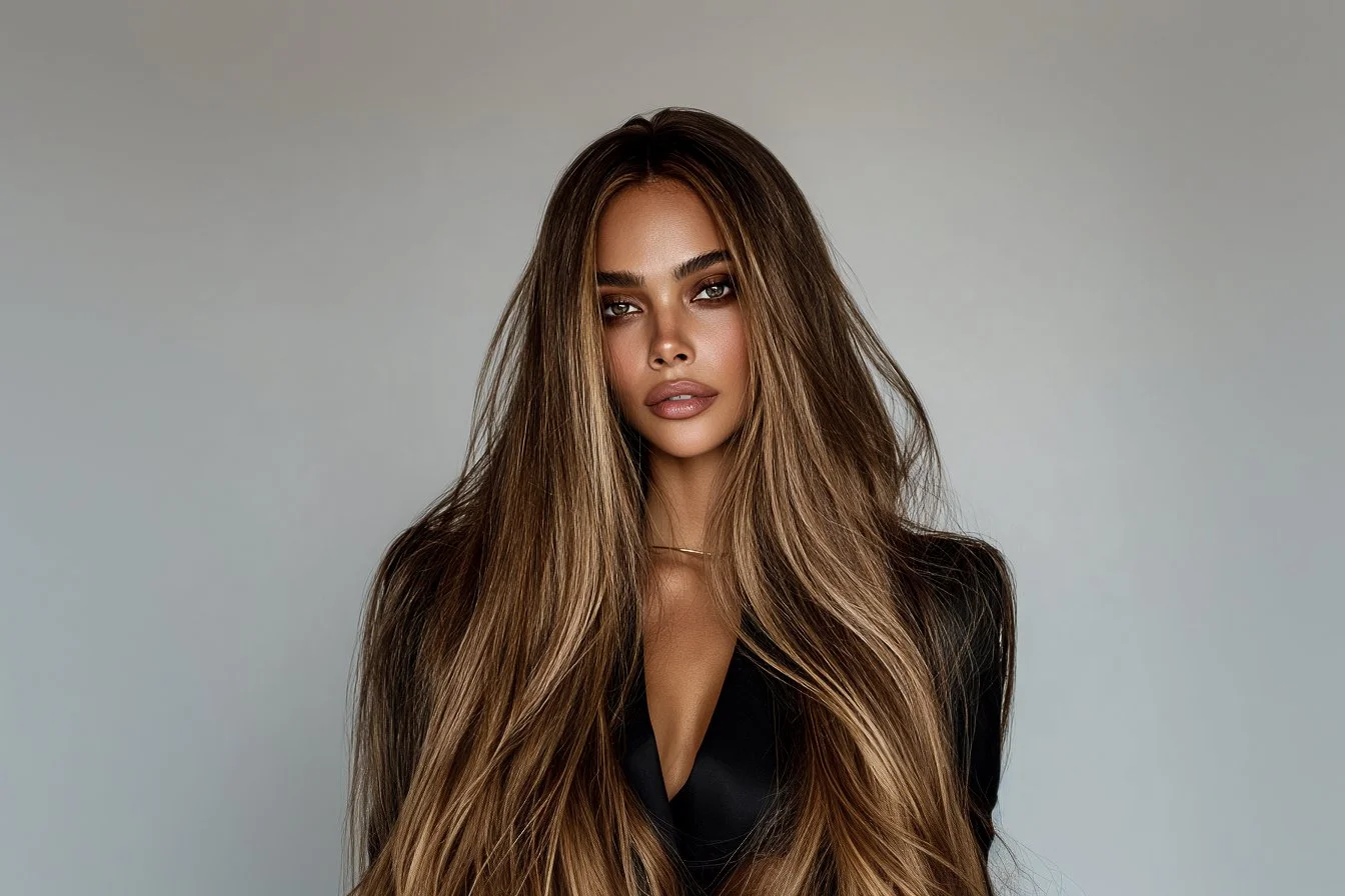 A young woman with long, wavy brown hair and light skin, wearing a black outfit and a delicate necklace, posing against a plain gray background.