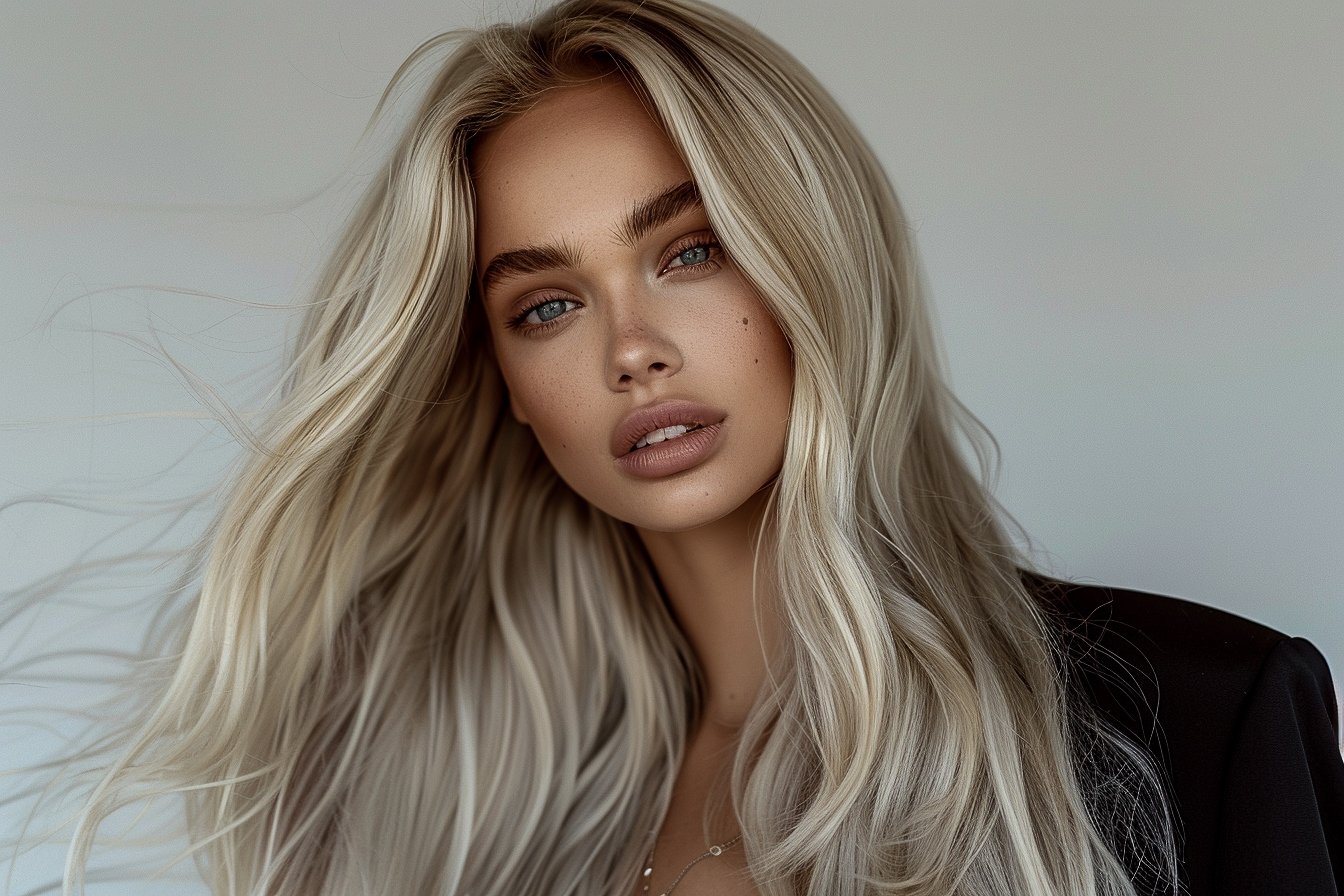 Close-up photo of a woman with long, wavy blonde hair, blue eyes, and natural makeup, wearing a black blazer.