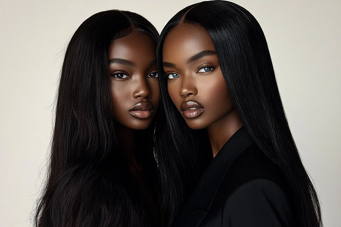 Two women with long, straight black hair and dark skin posing closely together against a plain light background.