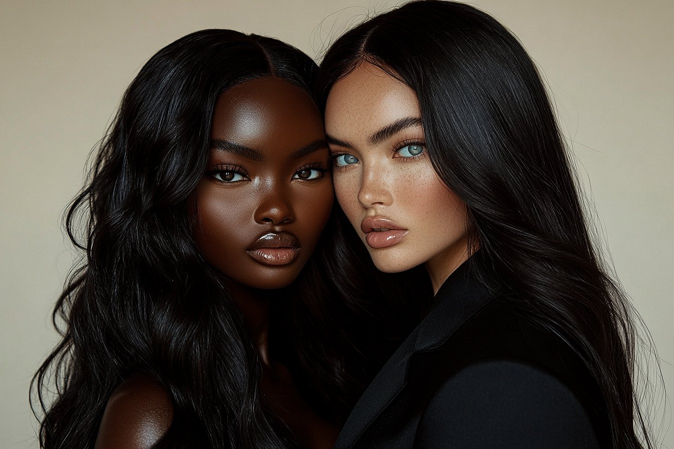 Close-up of two women with dark and light skin tones and long dark hair, posing closely together, looking at the camera.