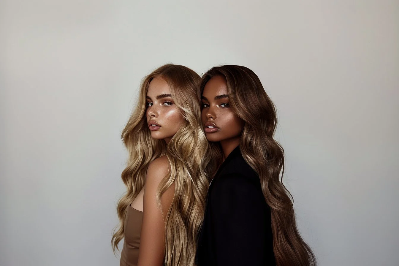 Two women with long, wavy hair standing close together against a plain background, looking at the camera.