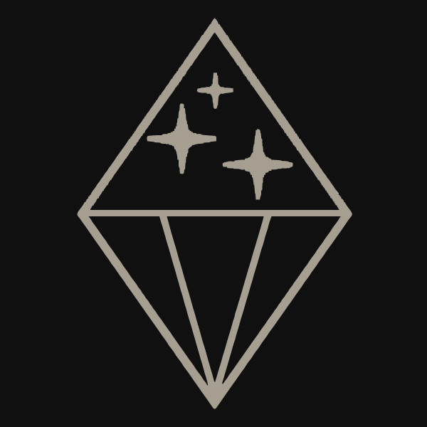 A minimalist line drawing of a diamond shape with sparkles inside, on a black background.