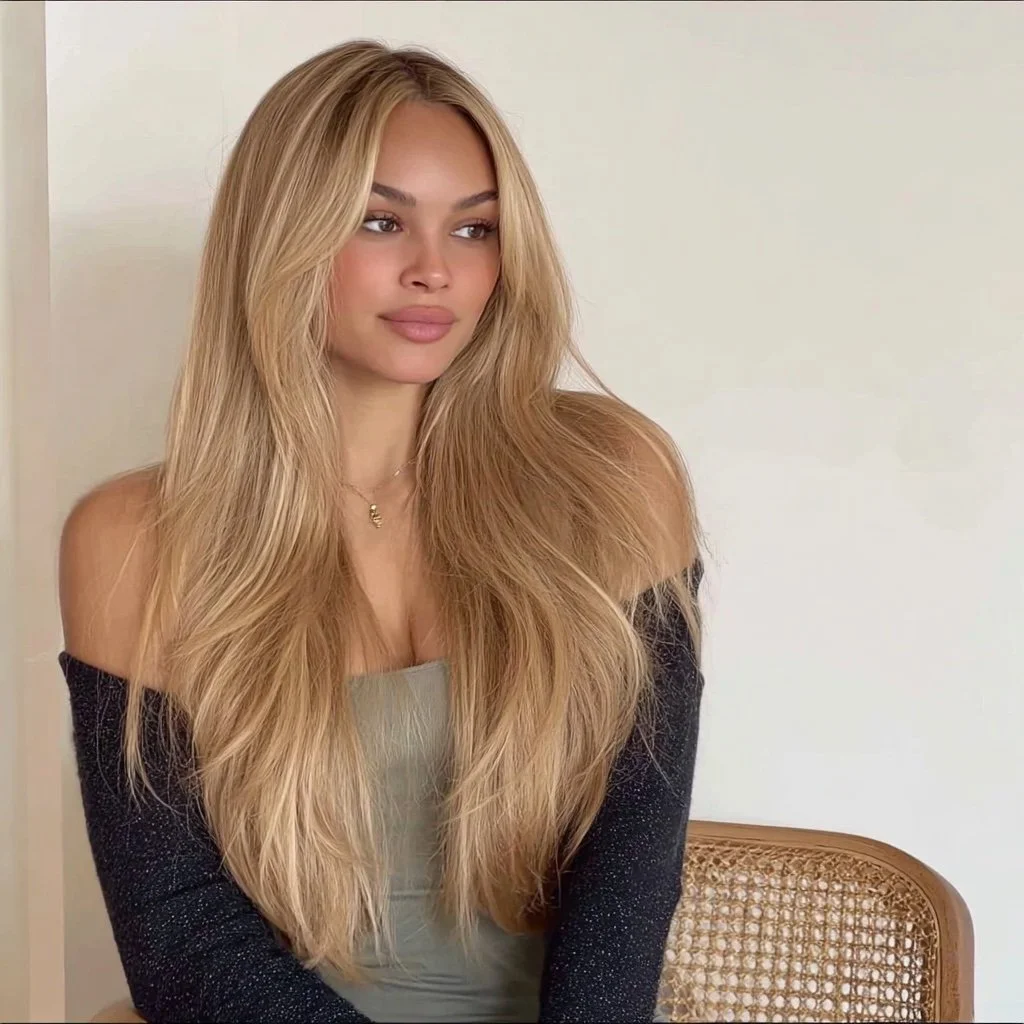 A young woman with long blonde hair sitting on a rattan chair against a plain light-colored wall.