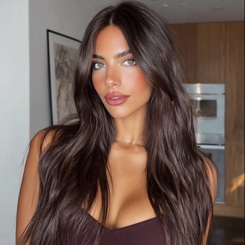 A young woman with long, wavy dark brown hair, light skin, and blue eyes, looking directly at the camera with a slight smile, wearing a dark top and a delicate necklace, in a modern kitchen setting with a framed picture on the wall and stainless steel appliances in the background.