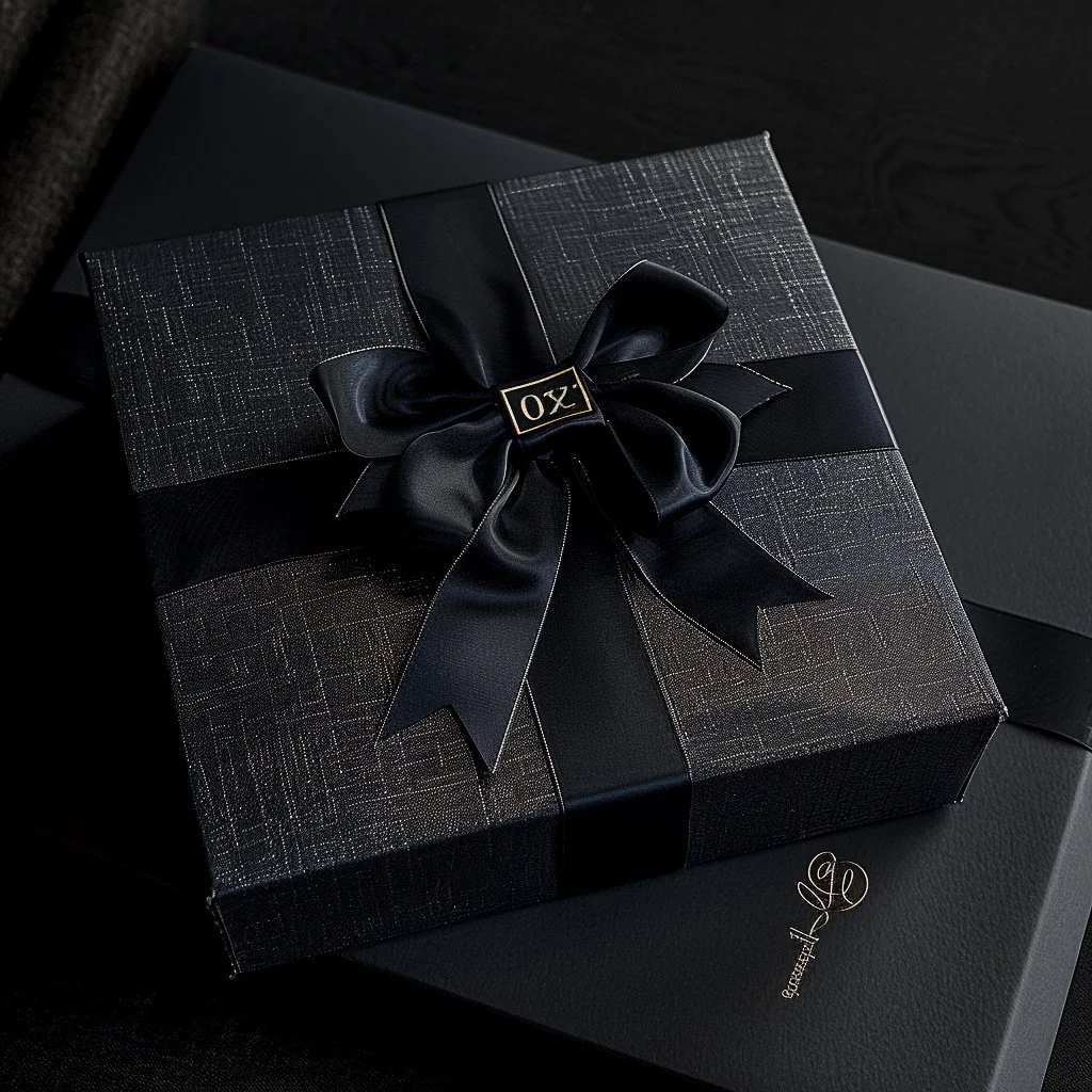 A black gift box with a textured pattern, wrapped with a black ribbon and bow, with a gold label reading 'XO' on the bow, placed on a black surface.