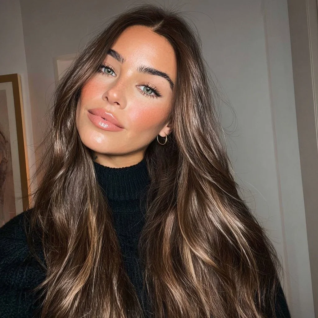 A young woman with long brown hair, blue eyes, wearing a black turtleneck sweater and small hoop earrings, indoors.