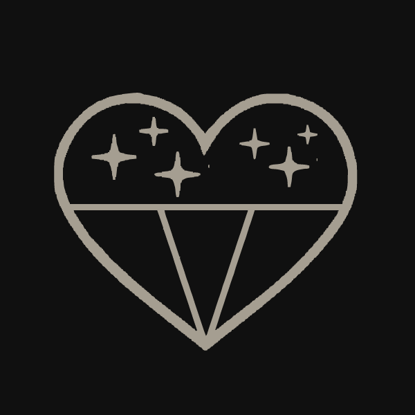 A heart-shaped design with stars inside and a geometric pattern beneath in gray on a black background.
