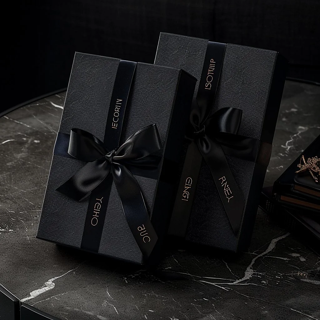 Two black gift boxes wrapped with black satin ribbons with the words 'RAVEL,' 'ISO/UNL TIP,' 'QUEH,' and 'JUNE' on the ribbons, placed on a dark marble surface.