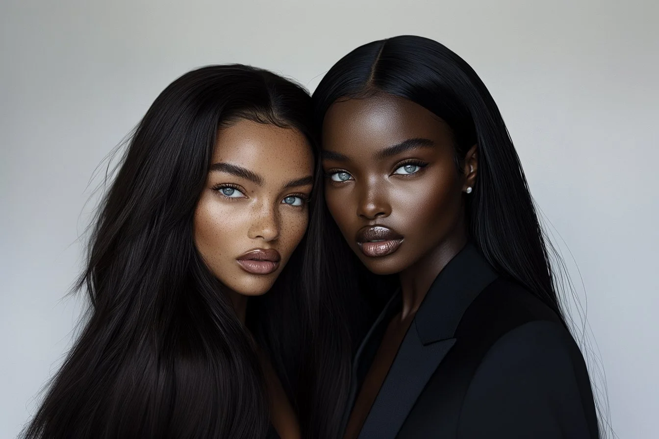 Portrait of two women with long black hair and striking blue eyes, closely posed together against a neutral background.