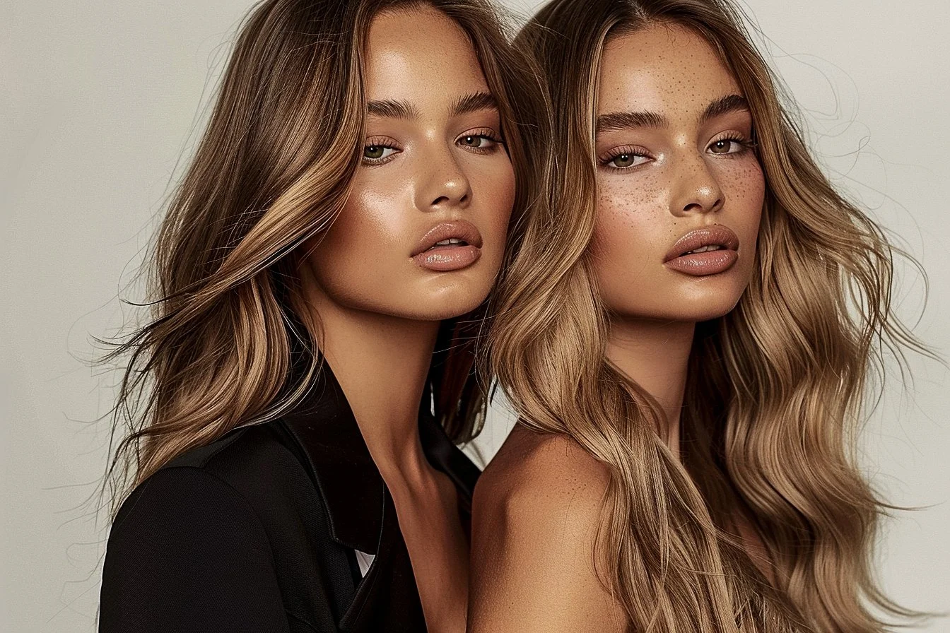 Two young women with long wavy hair, makeup, and natural skin tones, posing closely with neutral expressions against a plain background.