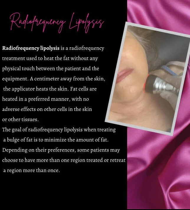 Text about radiofrequency lipolysis with an image of a woman receiving the procedure on her face, using a handheld RF device, surrounded by pink satin fabric.