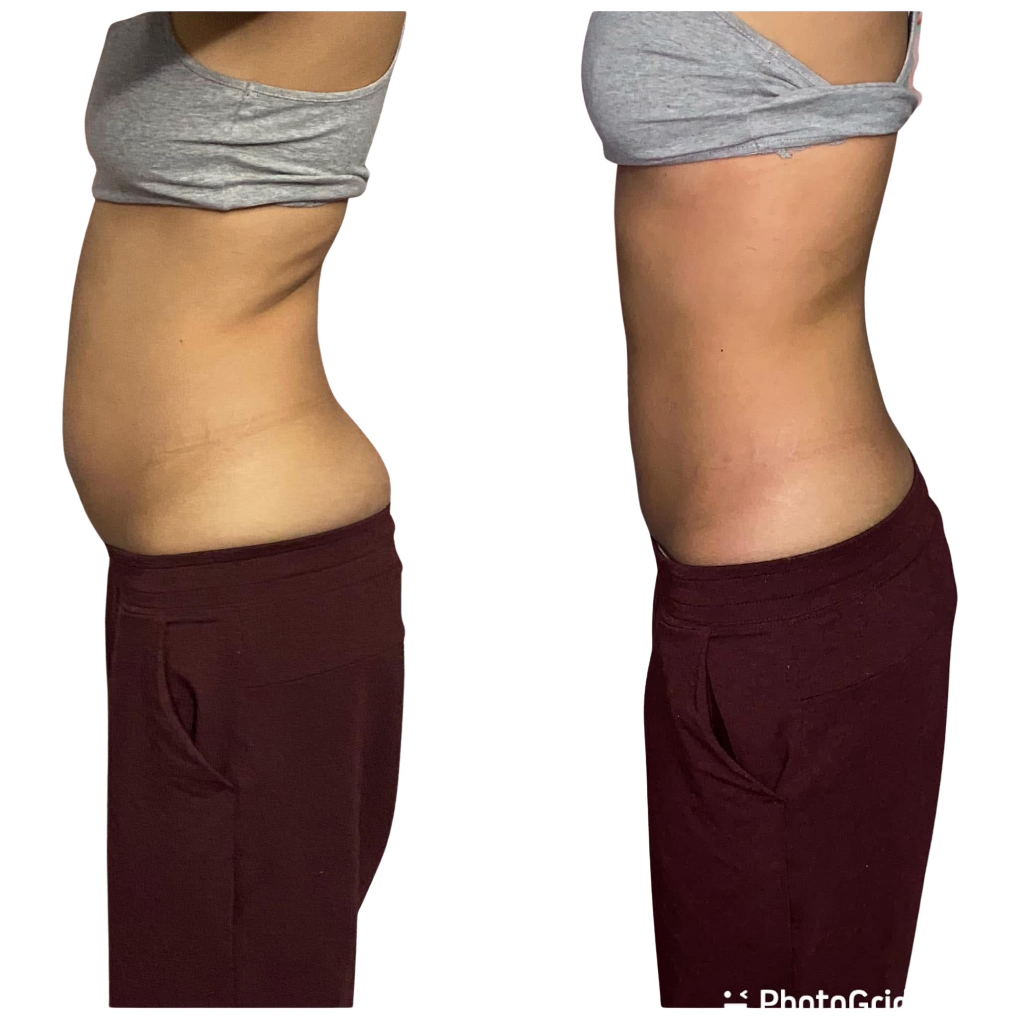 Comparison of two side views of a person wearing a gray shirt and maroon pants, showing the midsection and hips.