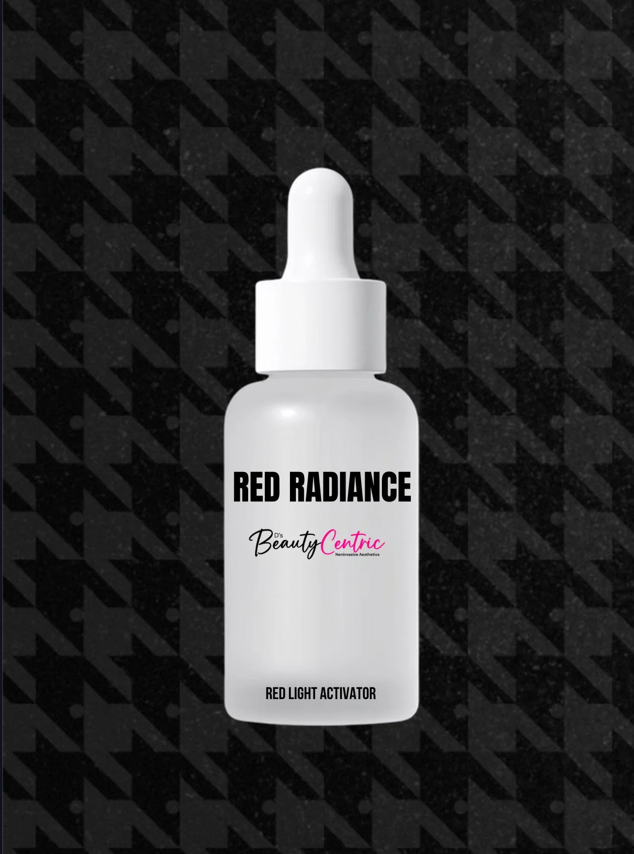 A white cosmetic bottle with a dropper cap labeled 'Red Radiance,' 'Beauty Centric,' and 'Red Light Activator' standing against a black patterned background.
