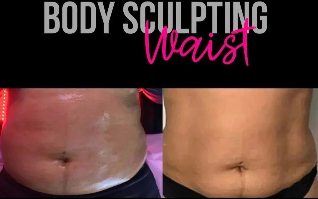 Side-by-side comparison of a person's midsection before and after body sculpting, showing a reduction in waist size.