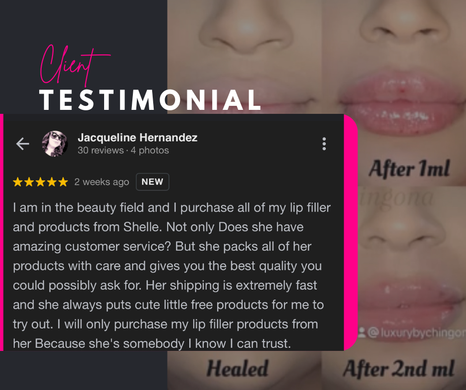 Screenshot of a beauty product testimonial on a social media platform, featuring a five-star review by Jacqueline Hernandez praising her satisfaction with lip filler products from Shell and mentioning fast shipping and quality customer service.