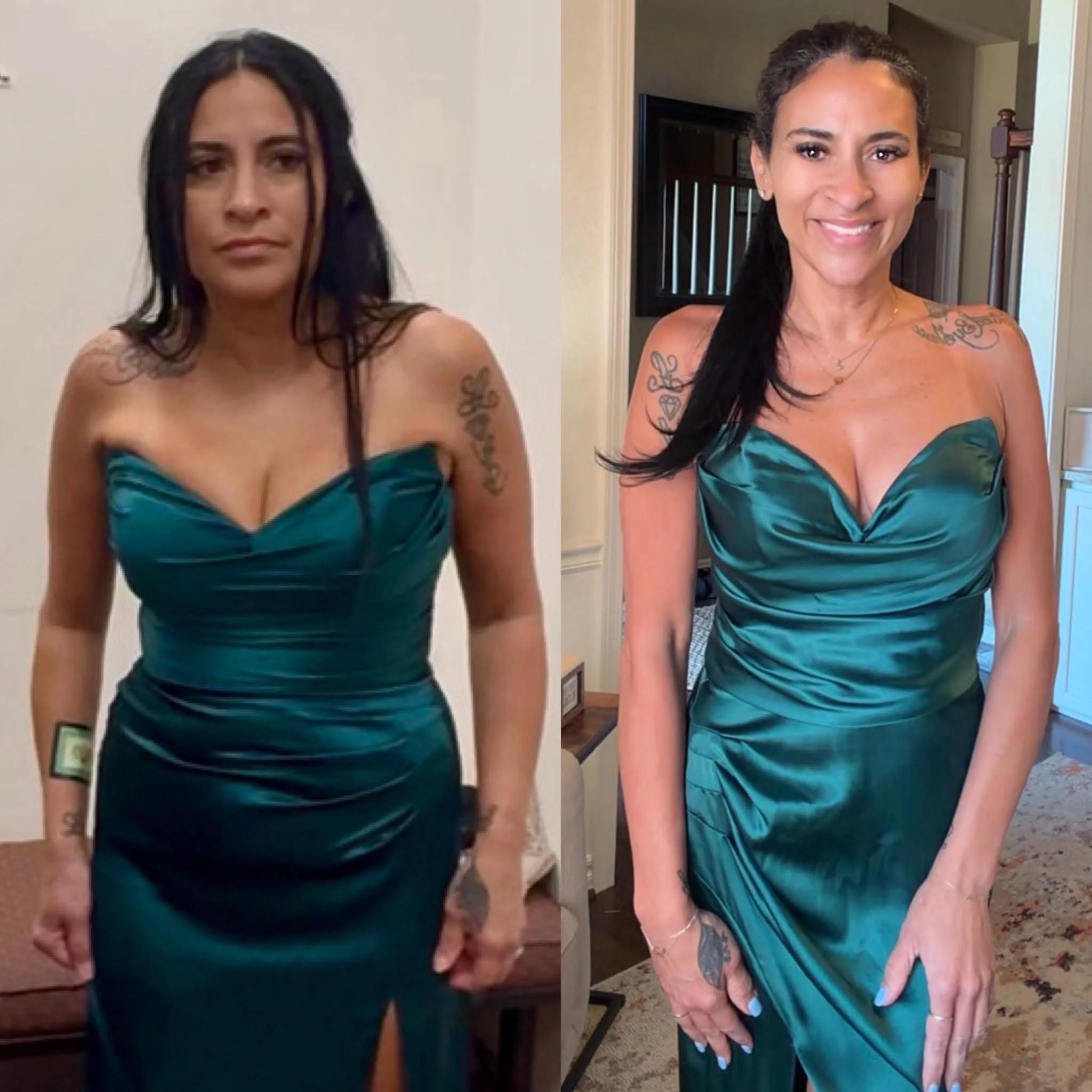 Side-by-side images of a woman with tattoos wearing a teal satin dress, showing her before and after a hair makeover.