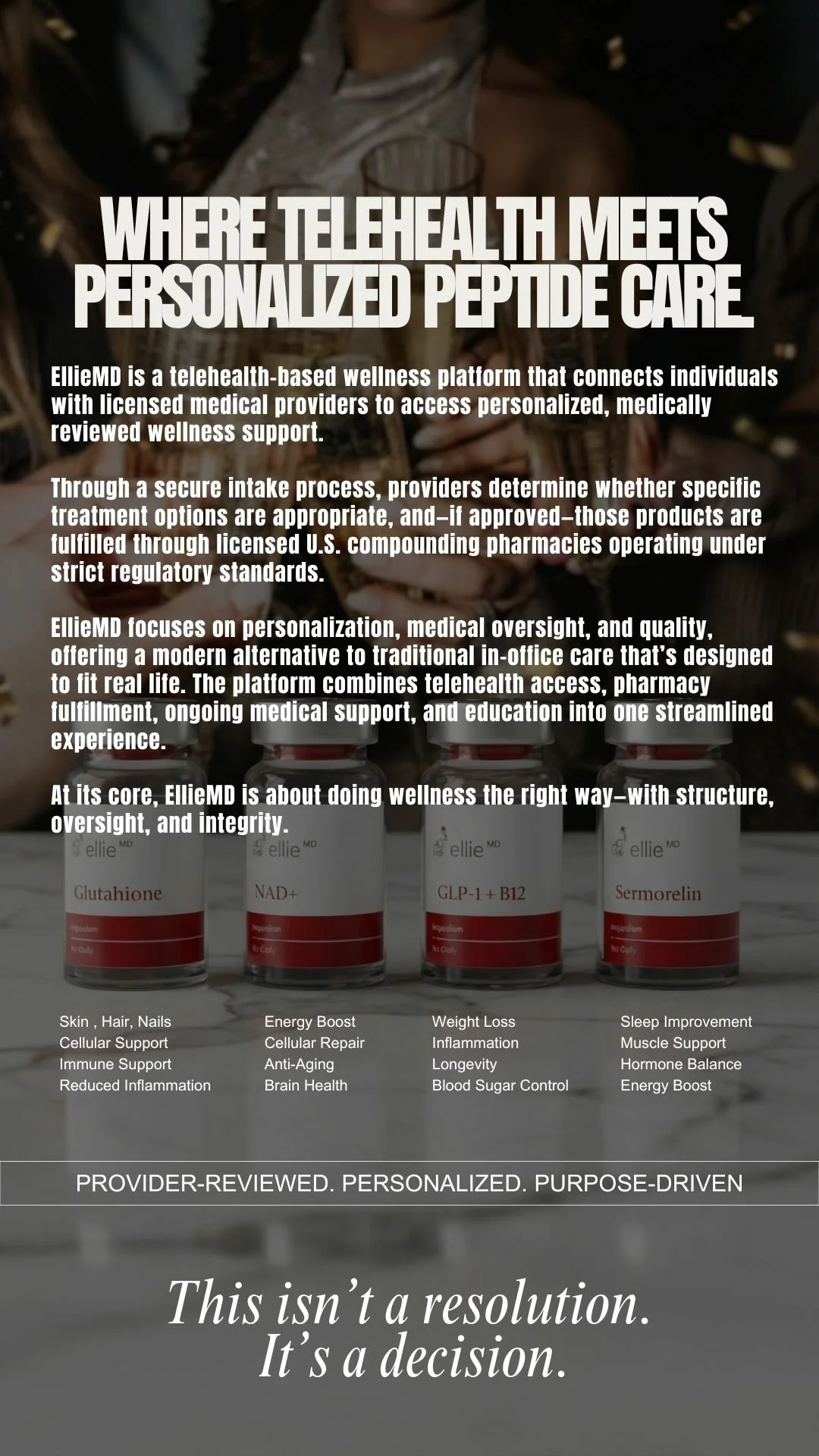 A promotional poster for EllieMD, a telehealth wellness platform offering personalized peptide therapies. The poster includes bottles of supplements labeled Glutathione, NAD+, GLP-1 + B12, and Sermorelin with a background of people celebrating and text highlighting the platform's features and benefits.