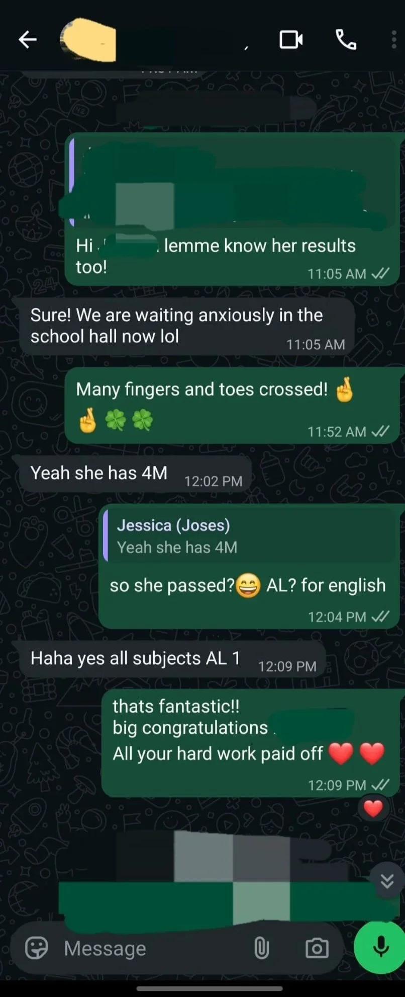 WhatsApp conversation discussing a student's exam results, passing status, and congratulating them on their success.