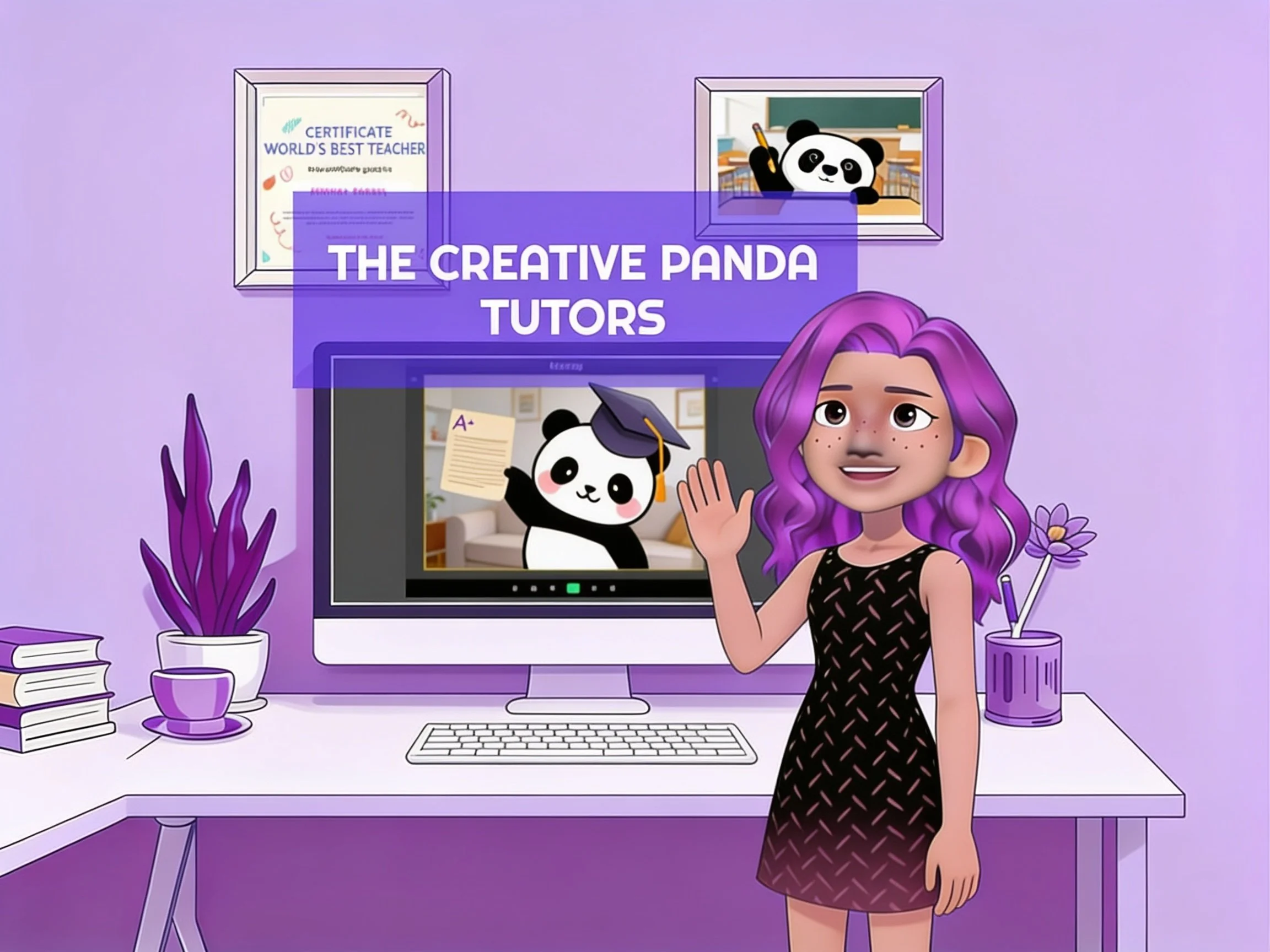 Animated girl with purple hair waving in front of a computer monitor displaying a panda with a graduation cap. The background includes framed certificates and purple potted plants, with the text 'The Creative Panda Tutors' overlaid.