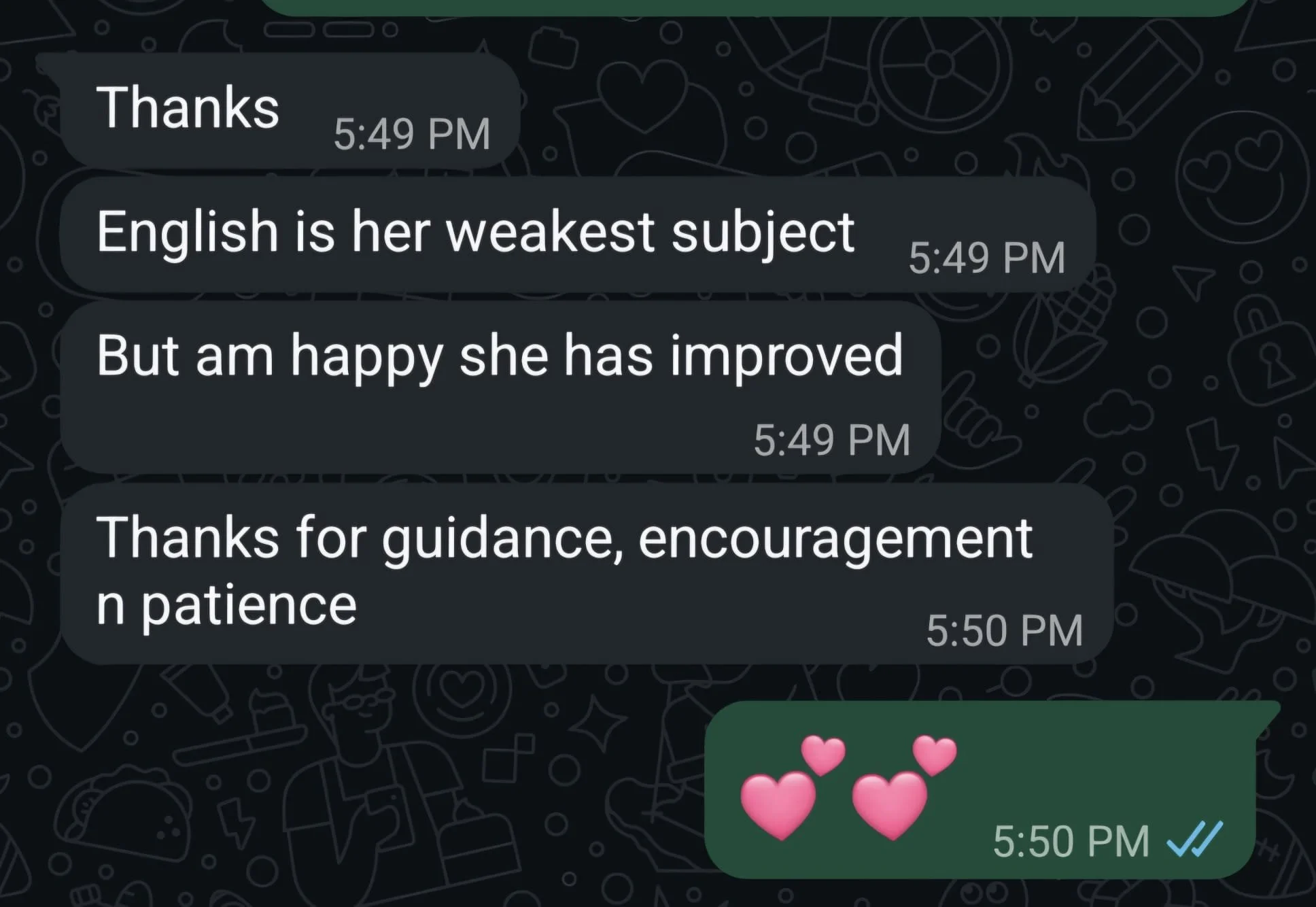 Screenshot of a WhatsApp conversation in which the user expresses gratitude at 5:49 PM, comments on someone's English skills, and mentions happiness about improvement. The conversation includes a series of pink heart emojis at 5:50 PM.