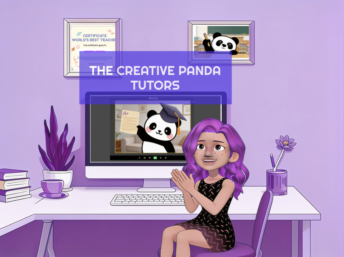 Animated girl with purple hair sitting at a desk with a computer, in front of a podcast titled 'The Creative Panda Tutors.' The computer screen shows a cartoon panda with a graduation cap and diploma, and framed pictures of pandas on the wall.