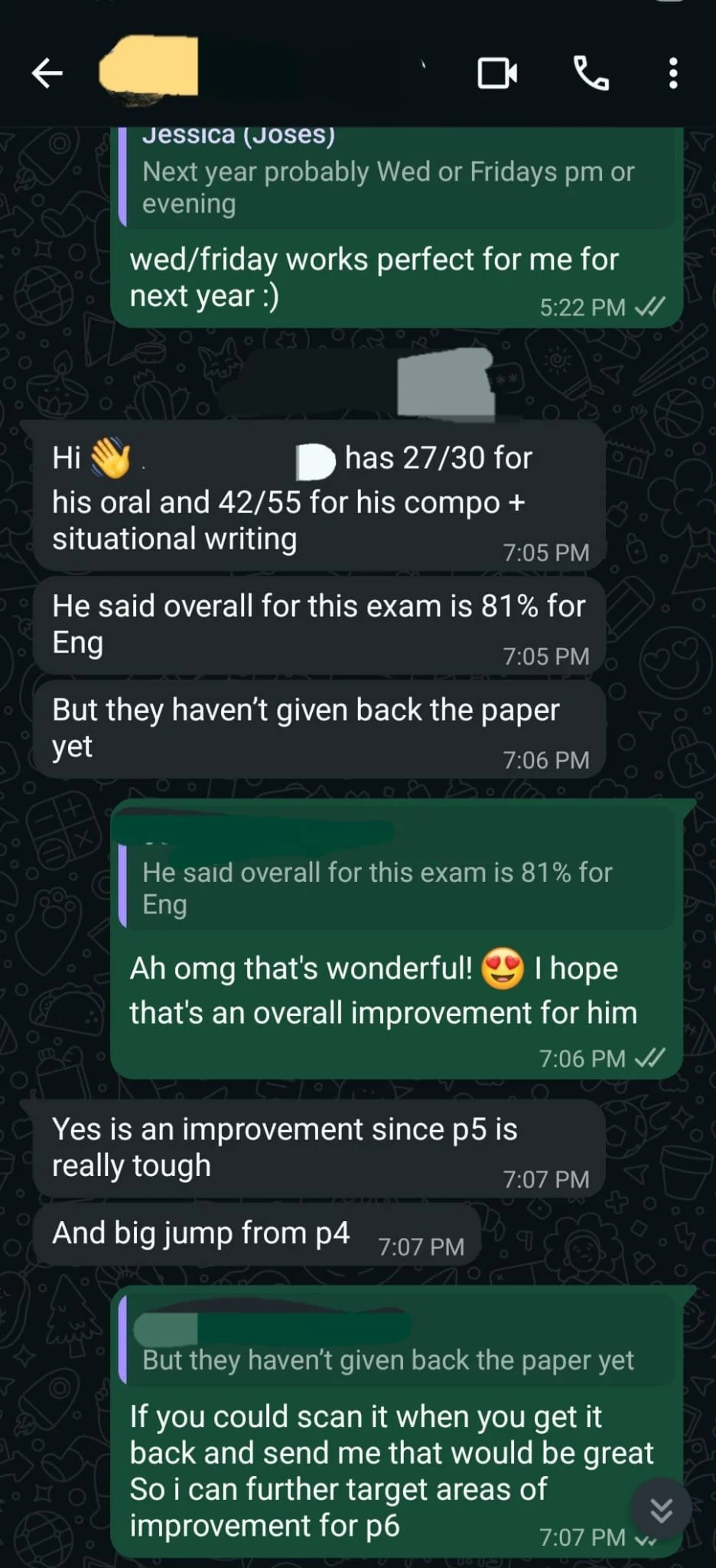 Screenshot of a WhatsApp conversation discussing exam scores and academic progress.