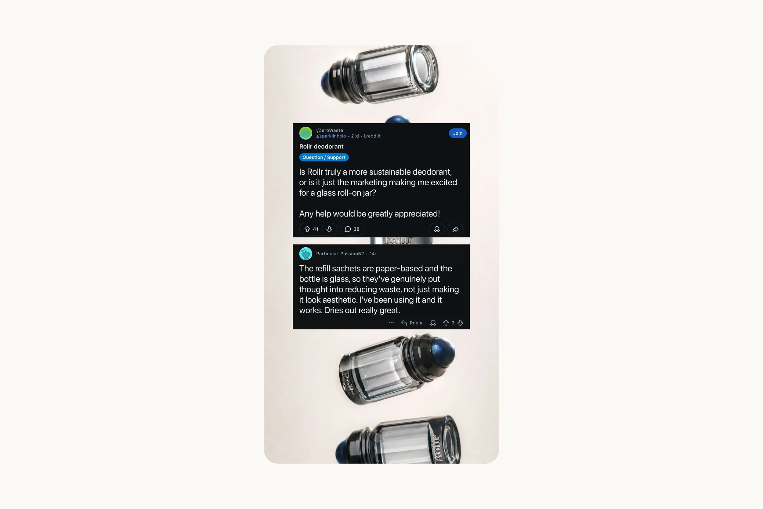 Multiple glass refill sachets and a glass bottle with a black cap on a white background, with social media comments about the sustainability of Rollr deodorant.