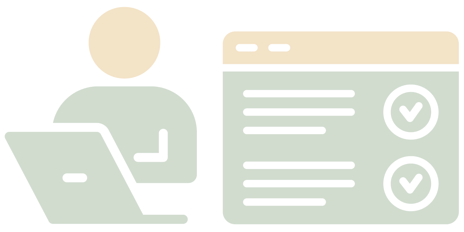 Icon of a person working on a laptop with a mobile device and a checklist with check marks.