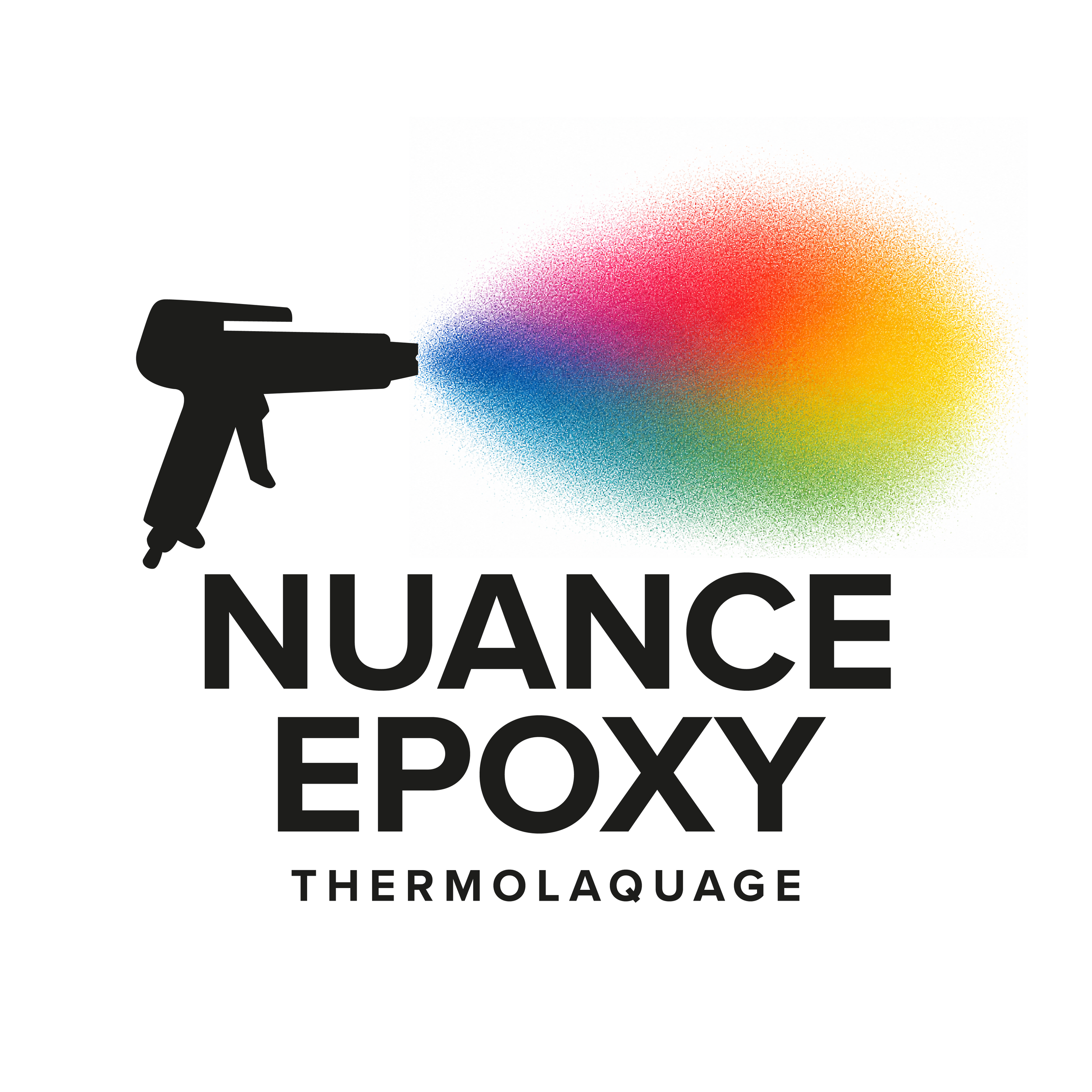 Pistolet à peinture noir projetant de la peinture en spray de couleurs vives. Logo Nuance Epoxy Thermolaquage.