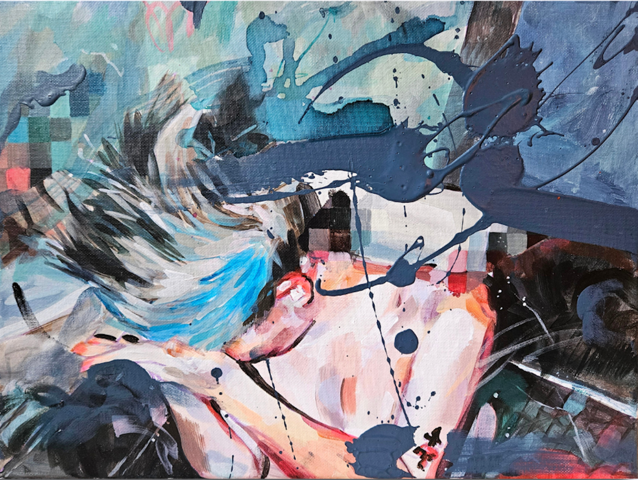 Blue Kool Aid, 2025, acrylic, ink, & resin on canvas, 29 x 40 cm