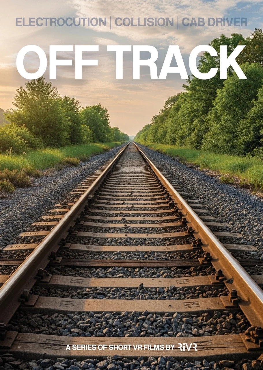 A straight train track extending into the horizon with greenery on both sides and a sunset sky in the background.