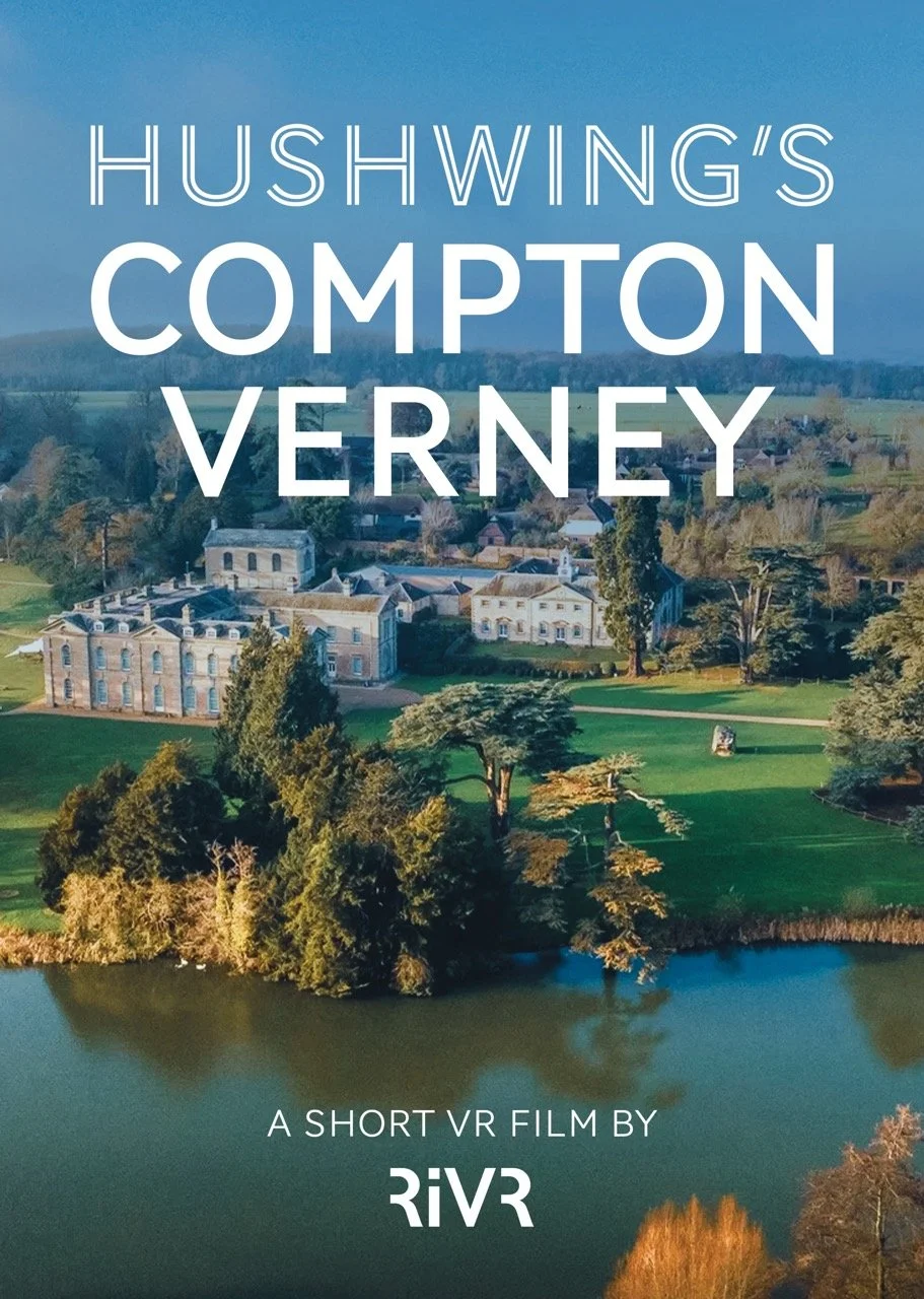 Cover image of a VR film titled 'Hushwing's Compton Verney' showing an aerial view of a historic estate with lush greenery, water, and a small town in the background.